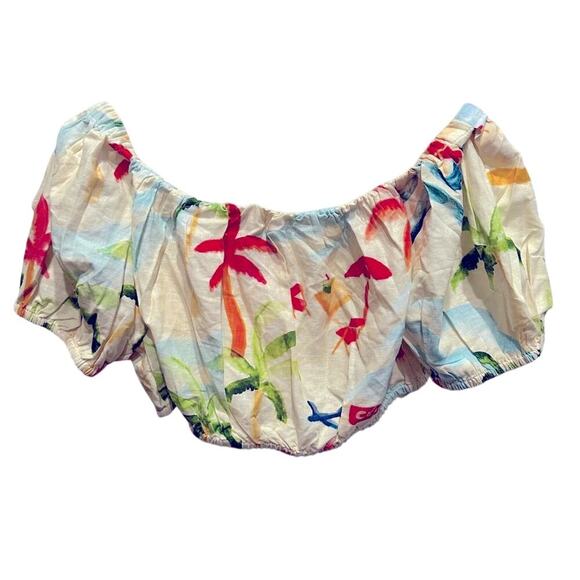 NWT Farm RIO Copacabana Vibrant Beach Print Tropical Puff Sleeve Crop Top L - Picture 1 of 4